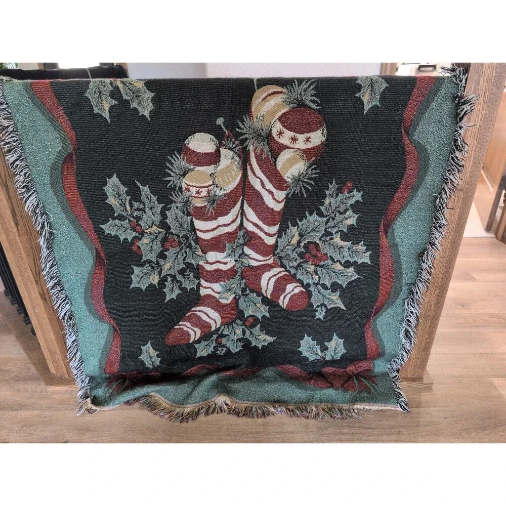 VTG 2002 Martha Stewart Holiday Christmas Stocking Tapestry Throw Blanket 50x60